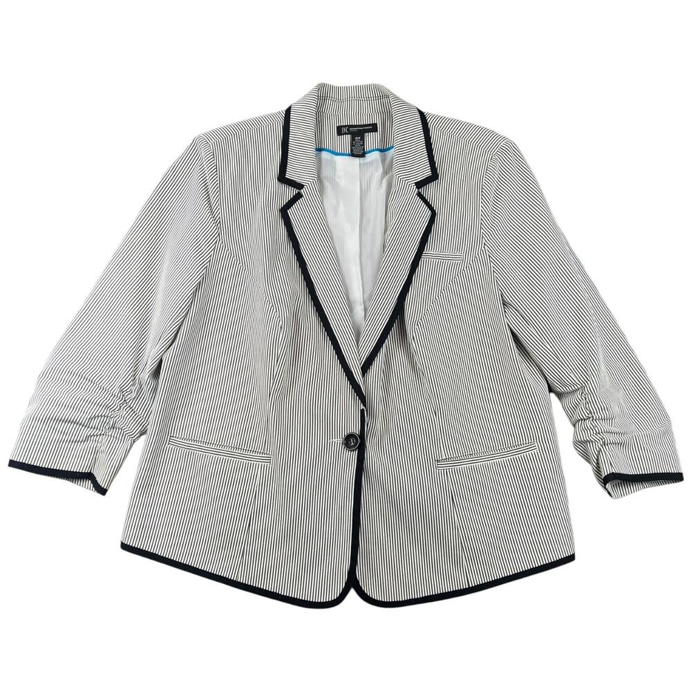 INC International Concepts Black White Pinstripe Ruched Sleeve Blazer Jacket 16W